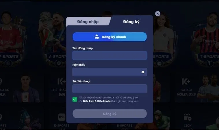 Giao diện đăng ký V999