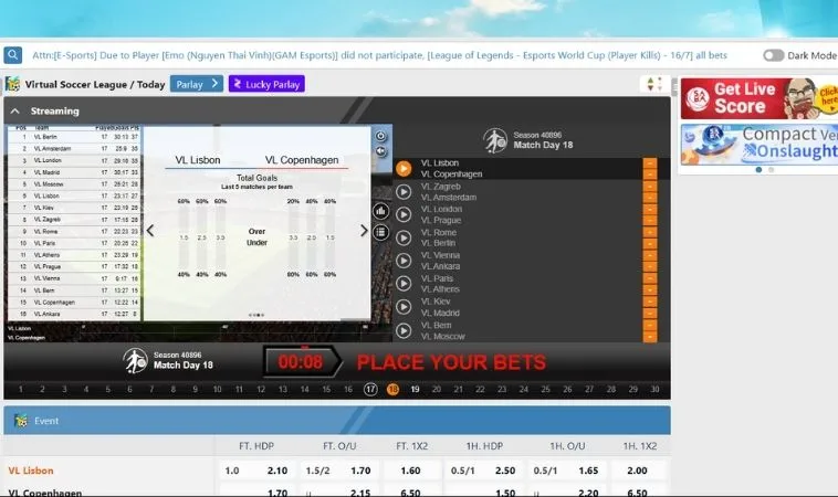 Giao diện đặt cược Thể Thao Ảo V999
