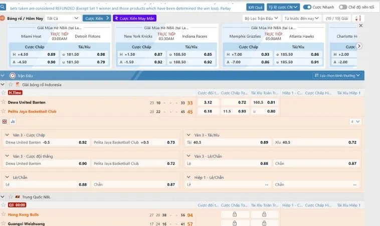 Giao diện đặt cược kèo bóng rổ V999